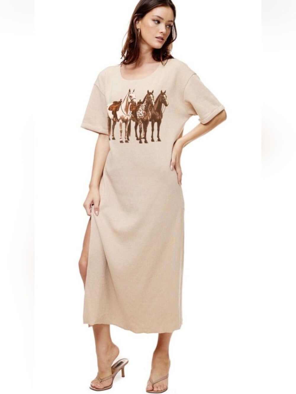 NEW Tan 'WILD Horses' Graphic Maxi T-Shirt Dress